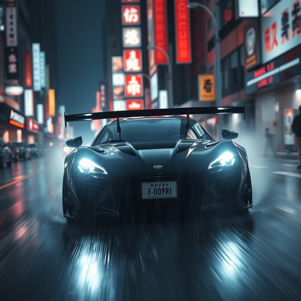 A sleek black sports car viewed from the front, featuring a large rear wing, speeding through the streets of Japan at night