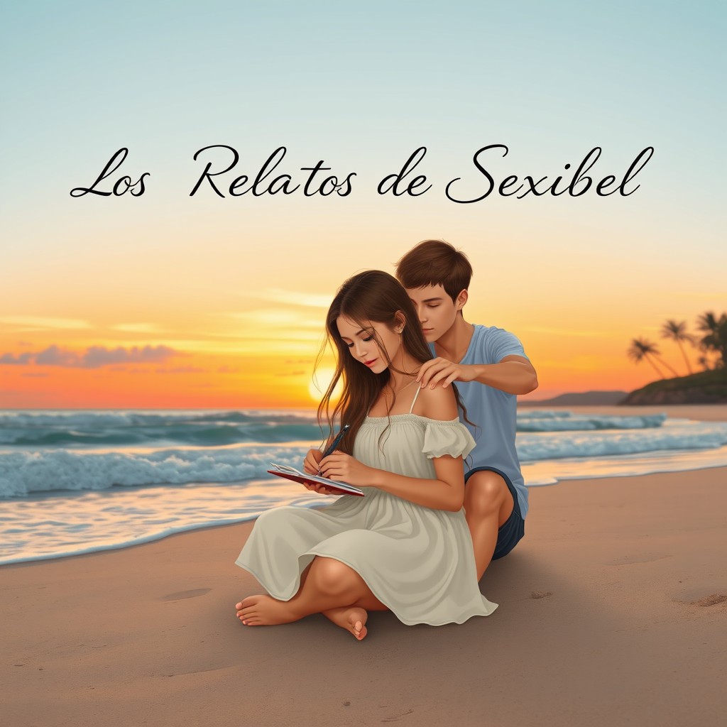A serene beach scene at sunset, featuring a girl with long flowing hair sitting cross-legged on the sand, deeply focused as she writes in a notebook
