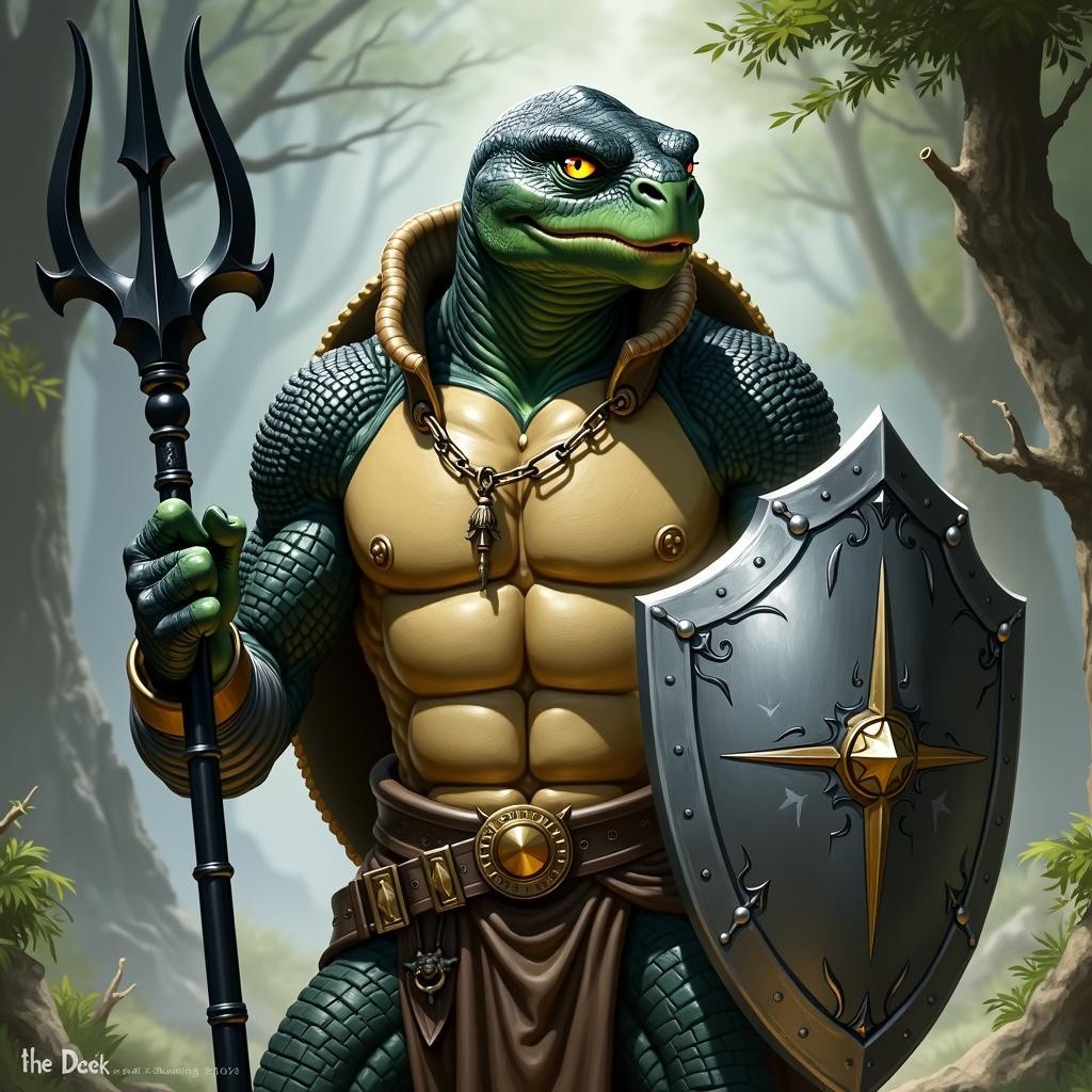 A male tortle character from the Dungeons & Dragons universe, depicted as a paladin of Bahamut