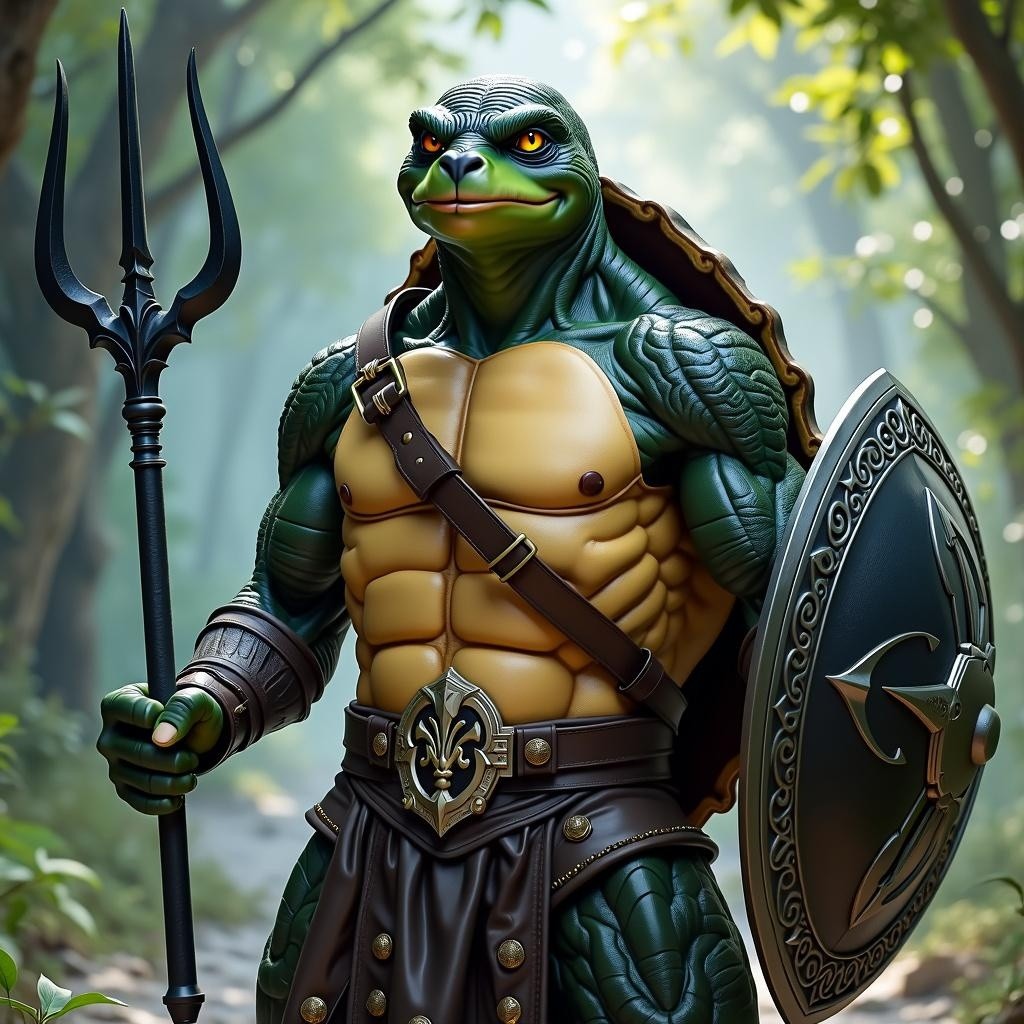 A male tortle character from the Dungeons & Dragons universe, portrayed as a paladin of Bahamut