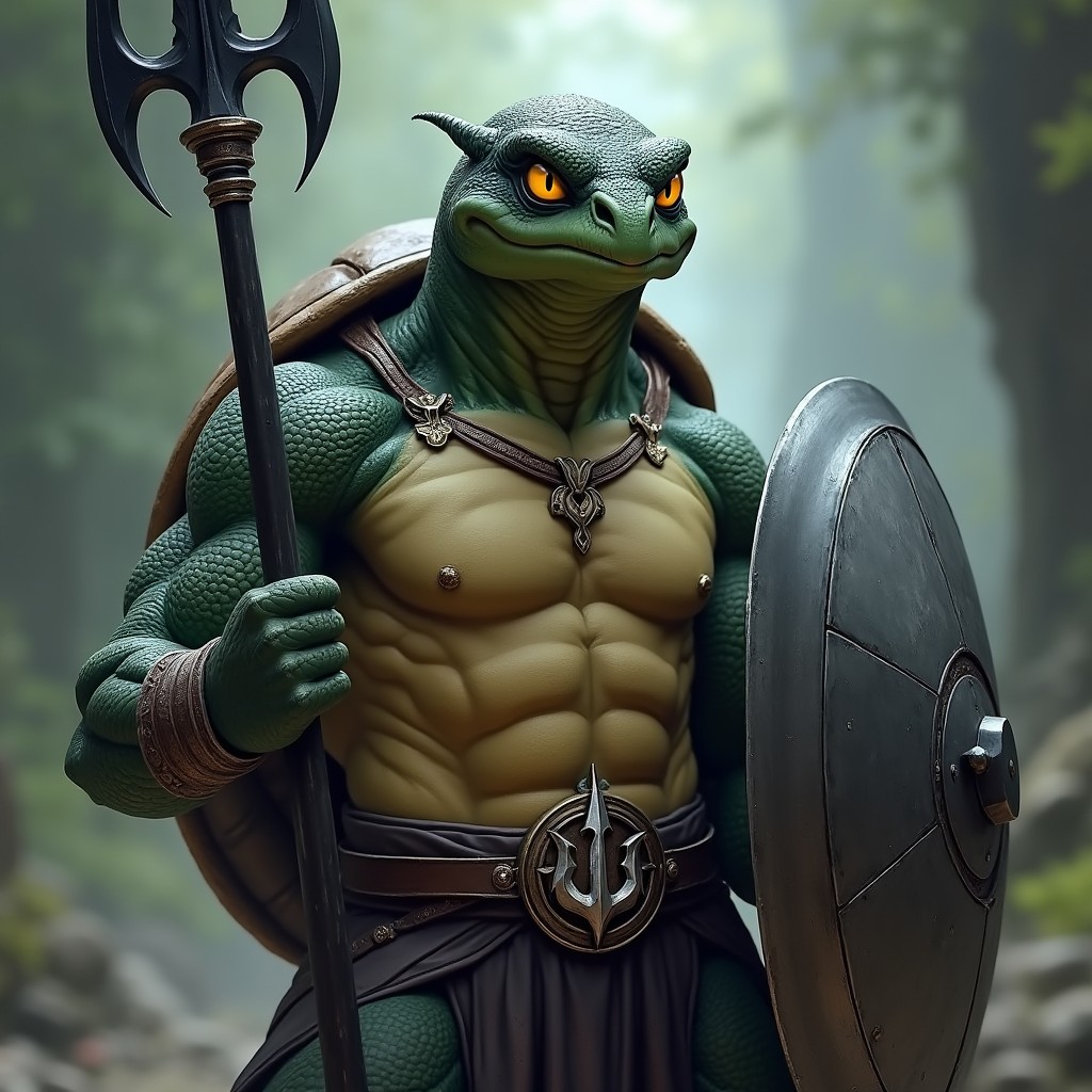 A male tortle character from the Dungeons & Dragons universe, portrayed as a paladin of Bahamut