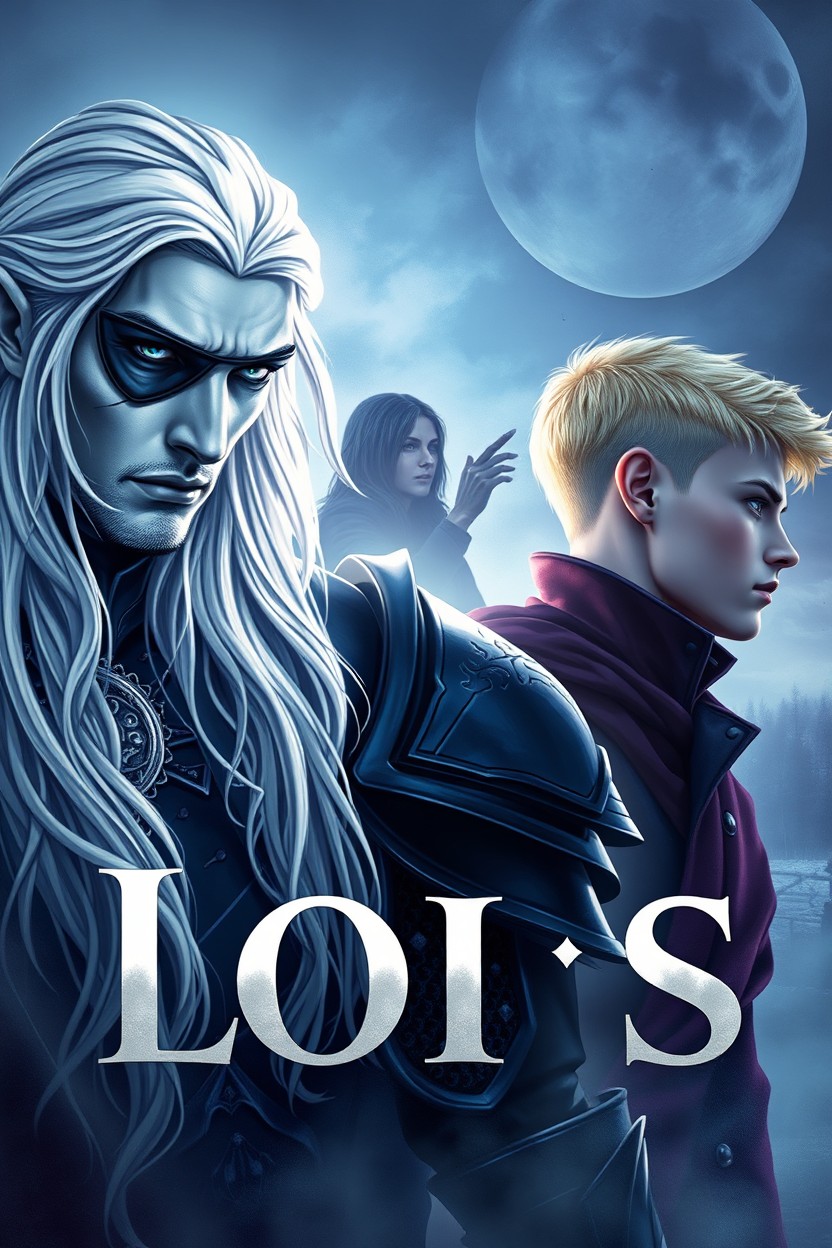 A fantasy book cover in a cold color palette featuring shades of blue, purple, and silver, with soft glowing light and a mystical haze