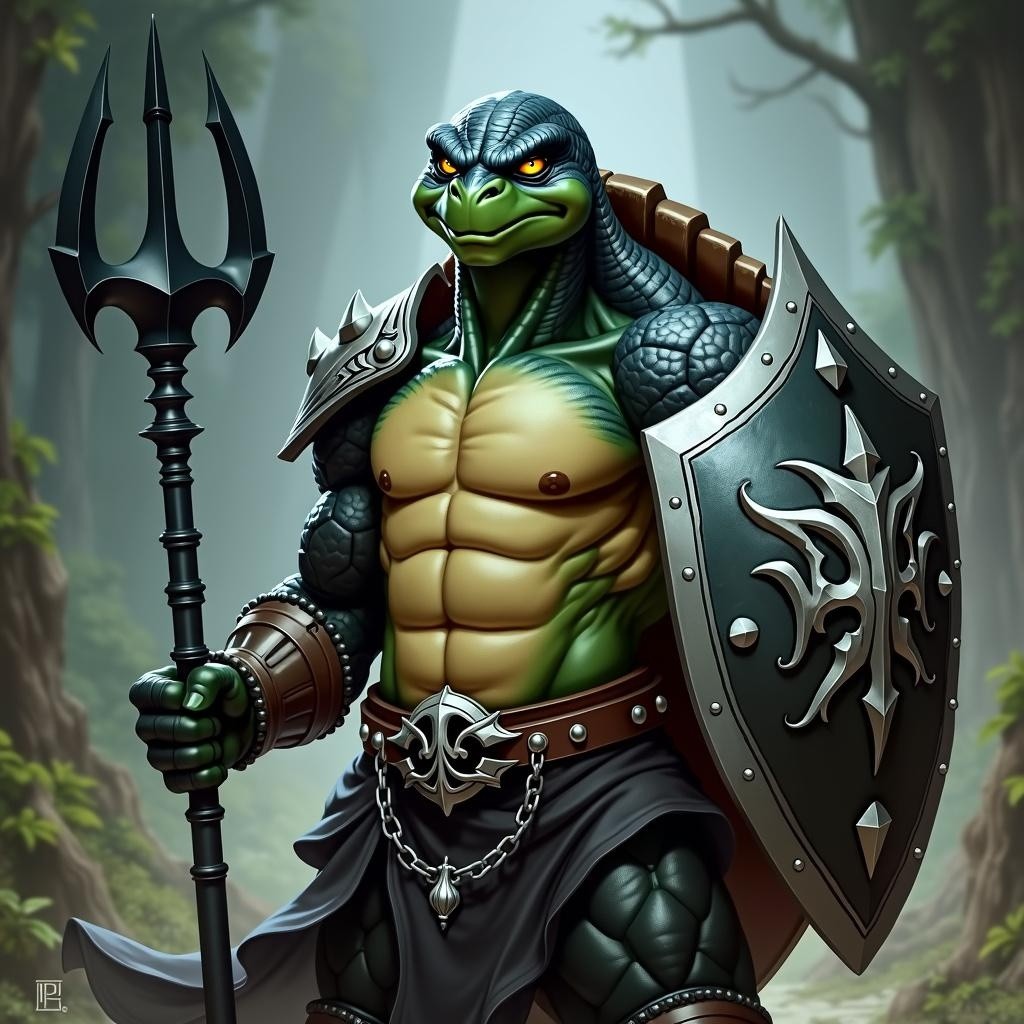 A male tortle character from the Dungeons & Dragons universe, portrayed as a paladin of Bahamut