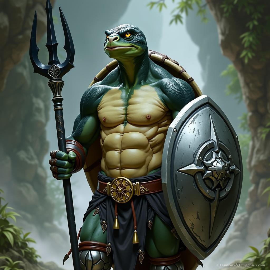 A male tortle character from the Dungeons & Dragons universe, depicted as a paladin of Bahamut