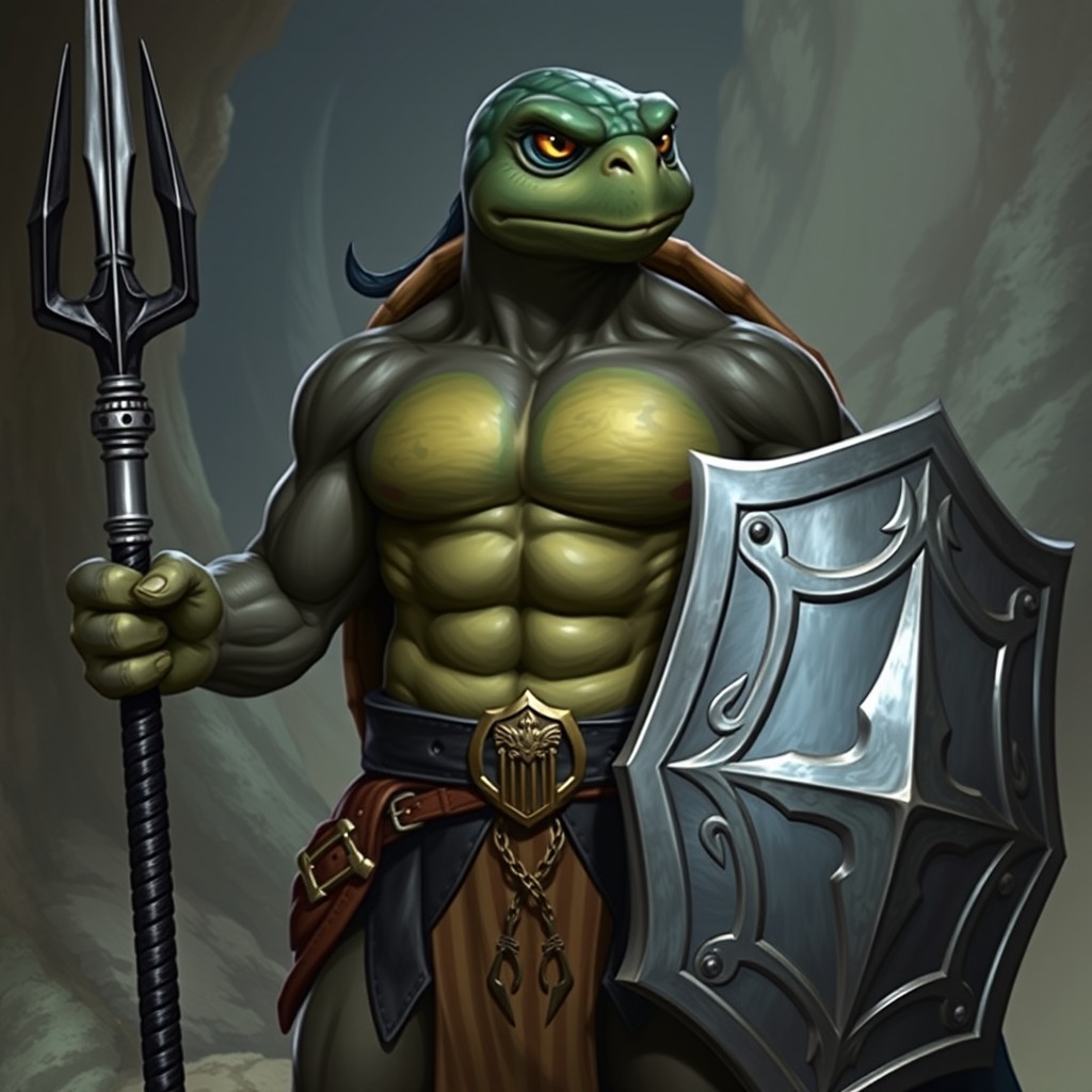 A male tortle character from the Dungeons & Dragons universe, depicted as a seasoned paladin of Bahamut