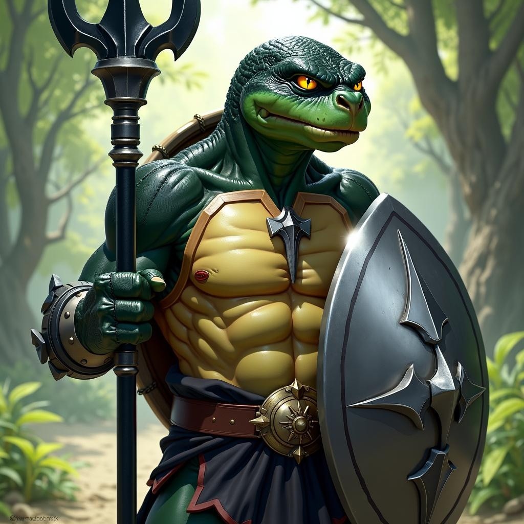 A male tortle character from the Dungeons & Dragons universe, serving as a paladin of Bahamut