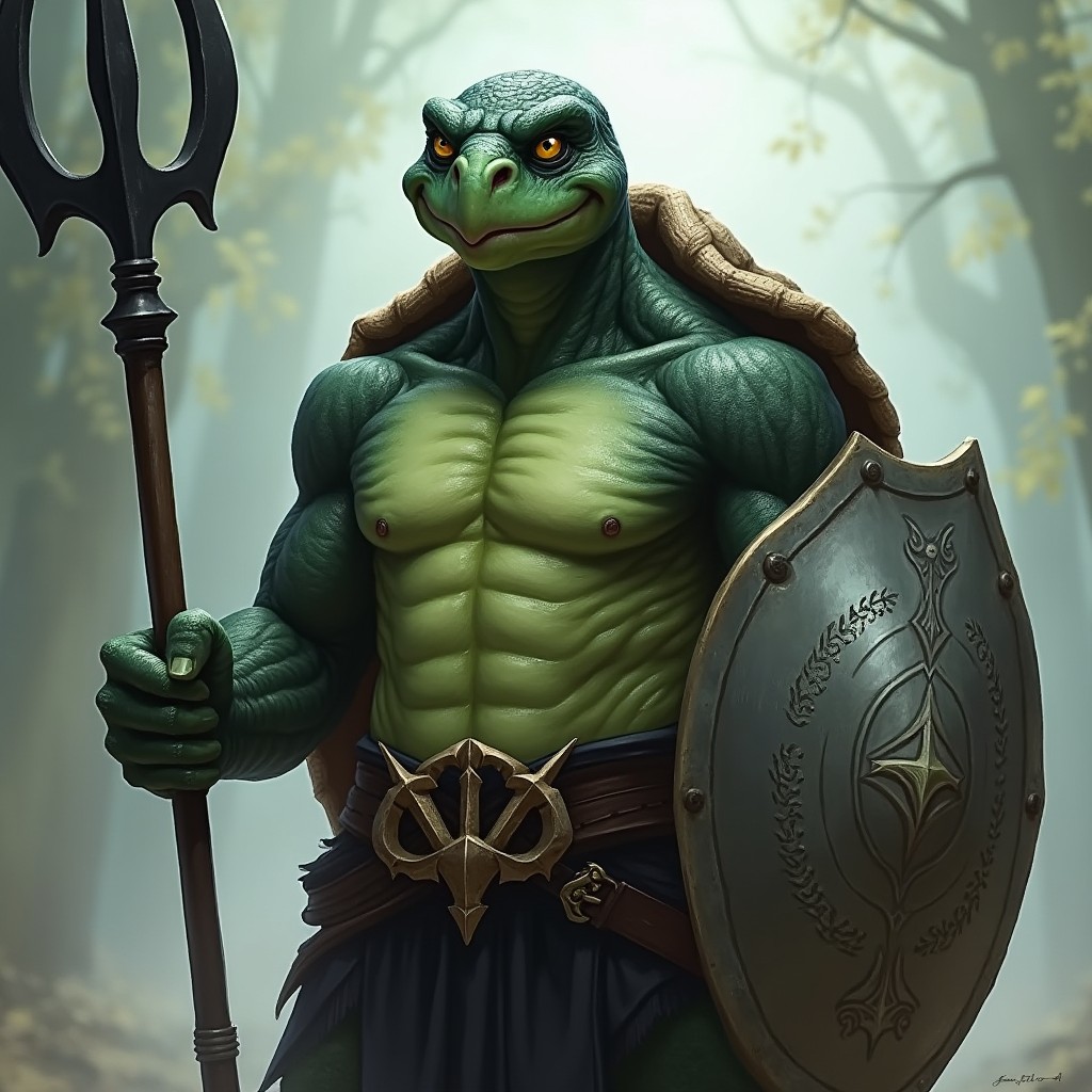 A male tortle character from the Dungeons & Dragons universe, envisioned as a gentle paladin of Bahamut