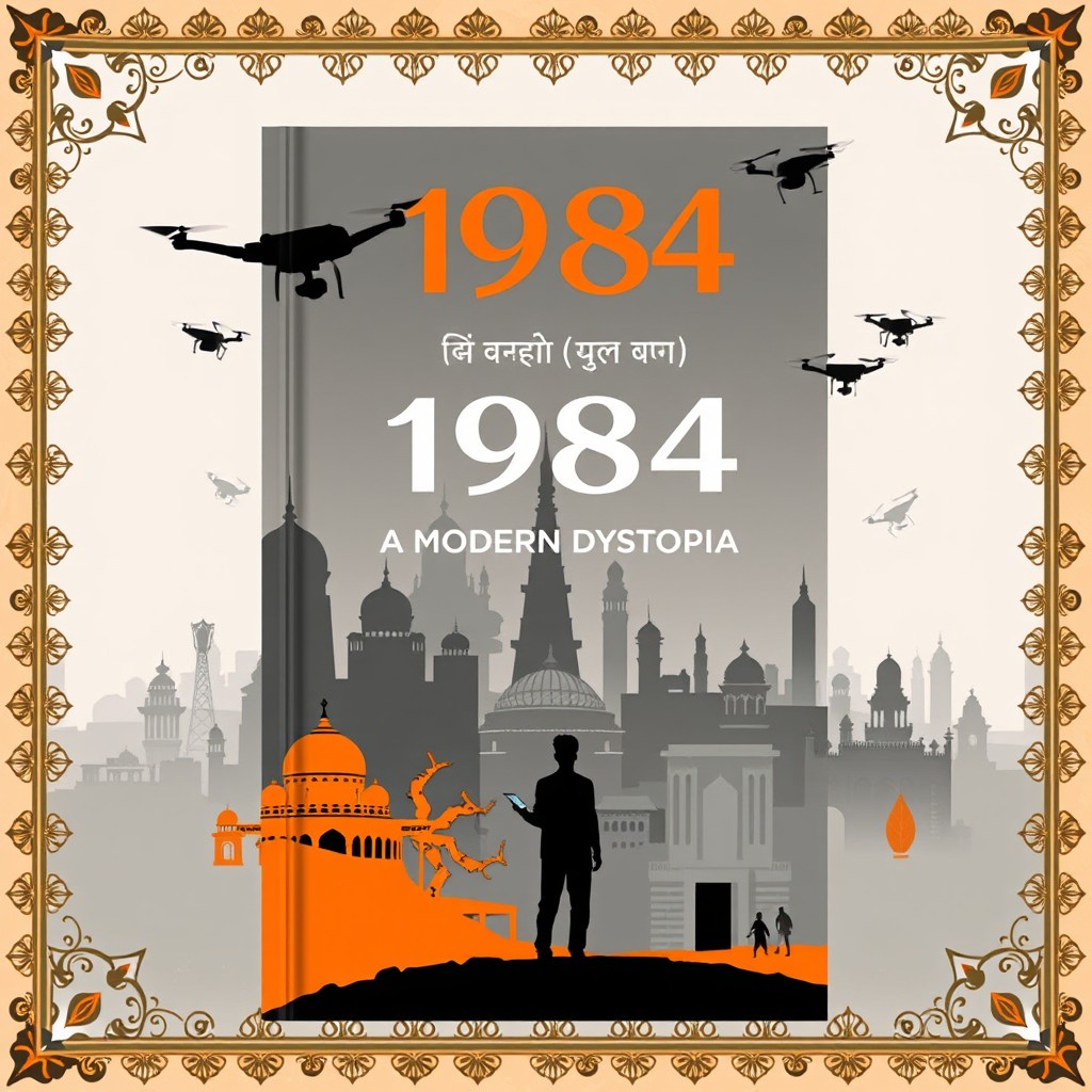 A book cover design for a modern 21st century adaptation of '1984' set in India