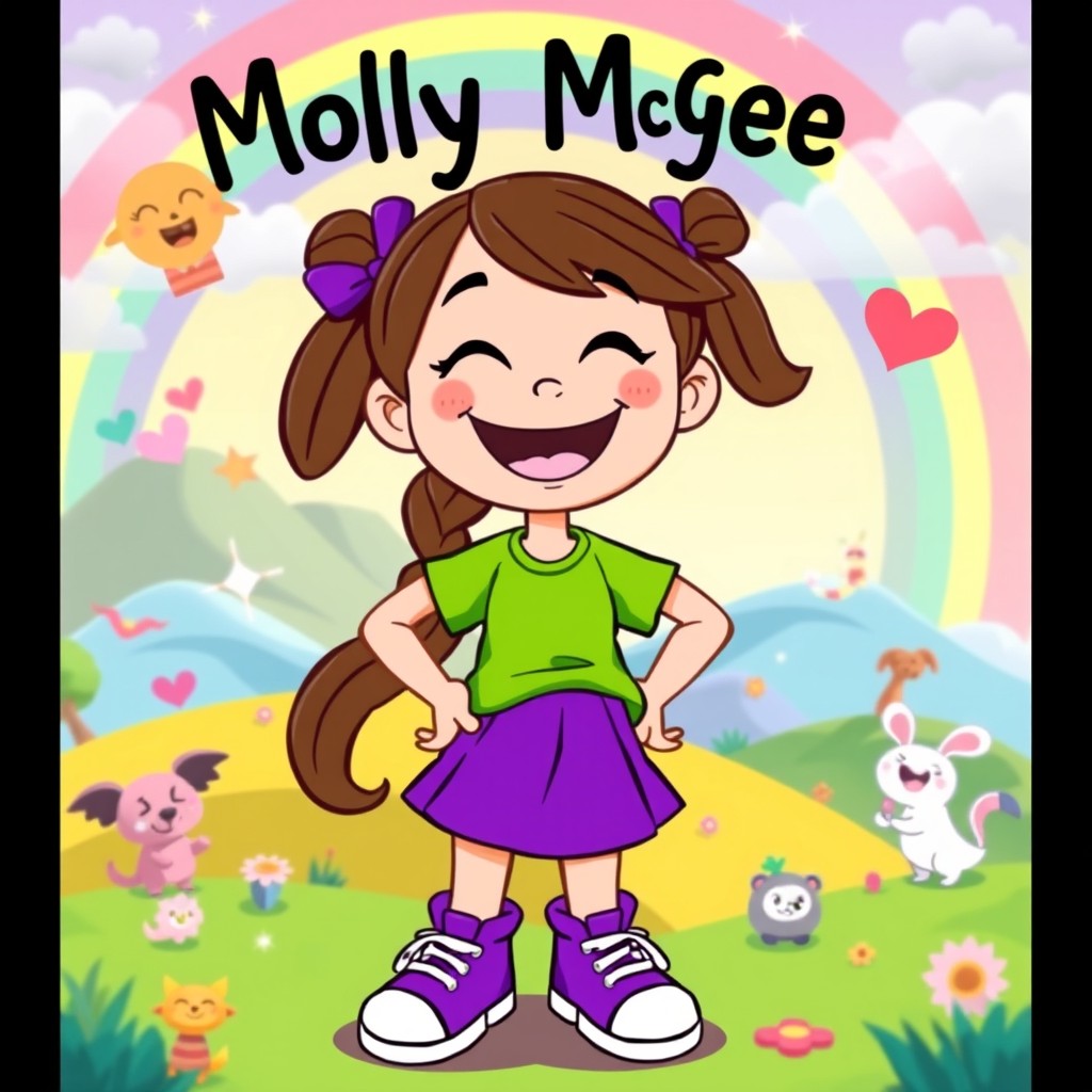 A vibrant and colorful cartoon scene featuring Molly McGee, a cheerful and adventurous girl with long brown hair styled in pigtails, wearing a green shirt, purple skirt, and sneakers