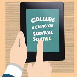 A high-quality digital art image depicting a hand holding an iPad, designed as an ebook cover for a book titled 'College Survival'