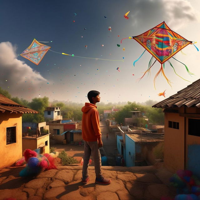 Generate a 3D, high-quality 8k image of a twenty-year-old boy, wearing a hoodie with the name 'Aanand', flying a kite with the same name over a village rooftop. The sky is filled with colourful kites.