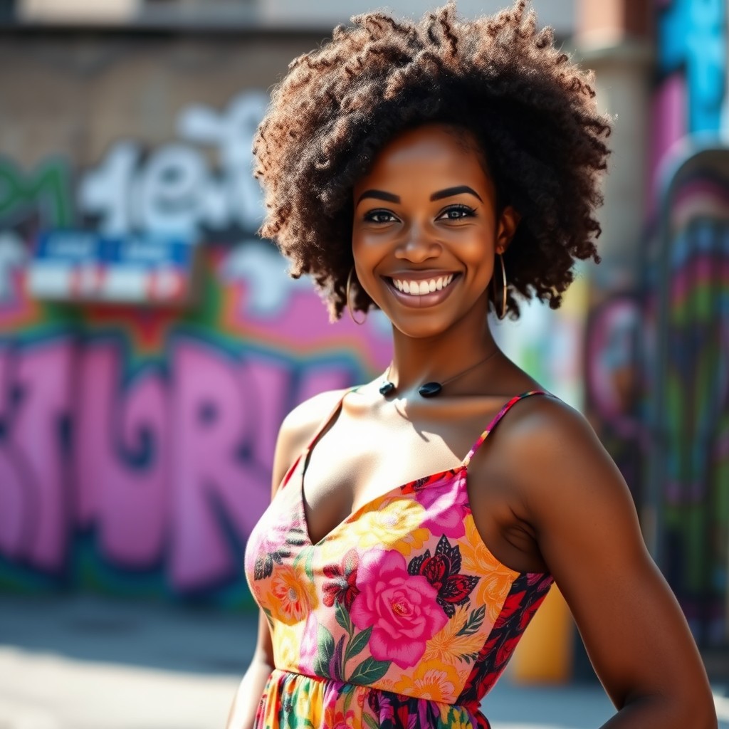 A portrait of a confident black woman with natural curly hair and radiant skin, wearing a vibrant, colorful dress