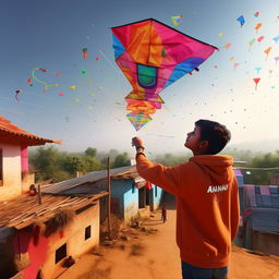 Generate a 3D, high-quality 8k image of a twenty-year-old boy, wearing a hoodie with the name 'Aanand', flying a kite with the same name over a village rooftop. The sky is filled with colourful kites.