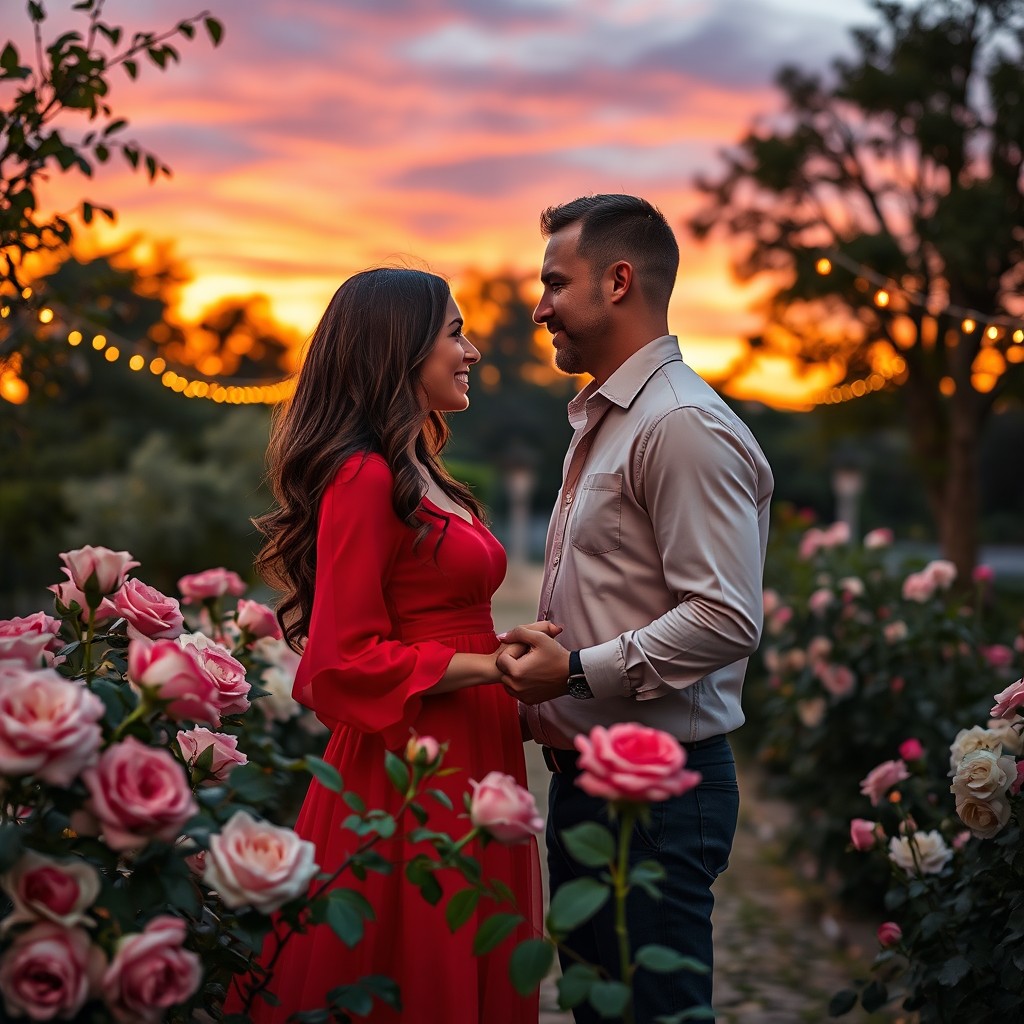 A romantic scene set in a picturesque garden at sunset, featuring a couple gazing into each other's eyes