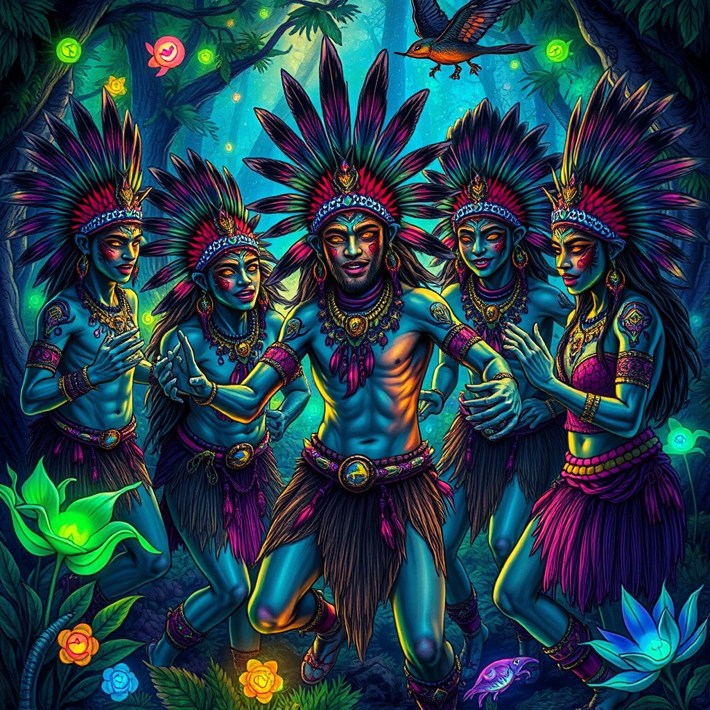 A detailed and vibrant drawing of the fictional race known as Humadapnan, characterized by their unique features such as iridescent skin, elaborate tribal tattoos, and striking feathered accessories
