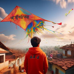 Generate a 3D, high-quality 8k image of a twenty-year-old boy, wearing a hoodie with the name 'Aanand', flying a kite with the same name over a village rooftop. The sky is filled with colourful kites.