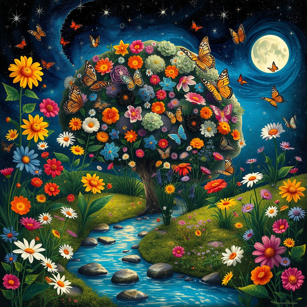 A surreal representation of the human mind depicted as a vibrant and complex garden