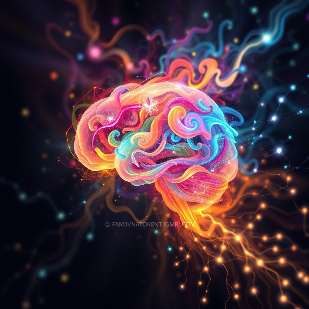 An abstract representation of the mind, featuring a vibrant explosion of colors symbolizing creativity and thought