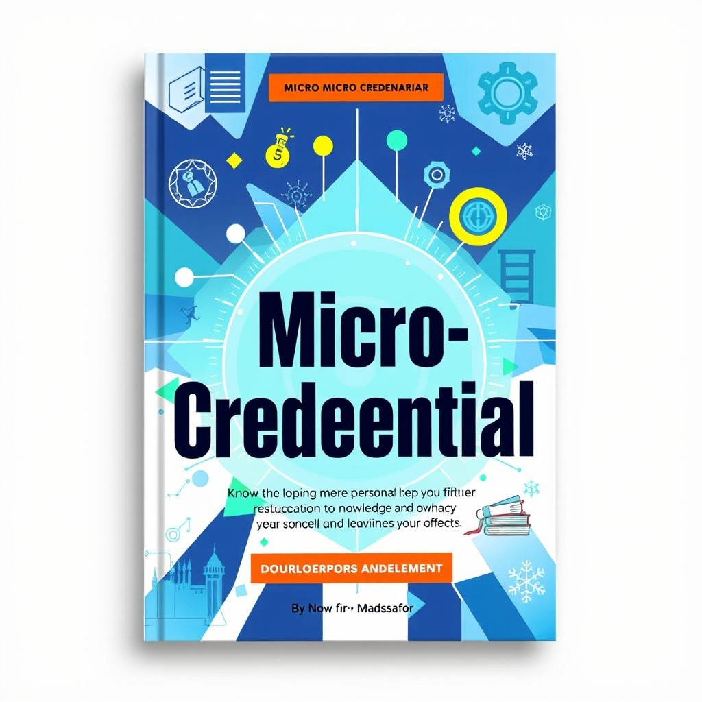 A compelling book cover design for a micro-credential program, featuring a blend of futuristic and educational themes