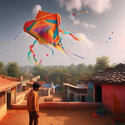 Generate a 3D, high-quality 8k image of a twenty-year-old boy, wearing a hoodie with the name 'Aanand', flying a kite with the same name over a village rooftop. The sky is filled with colourful kites.