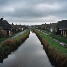 A dark, winding road with a few houses only on the left side, slightly littered. Beside the road, a grimy canal flows ominously, increasing the bleakness of the environment.