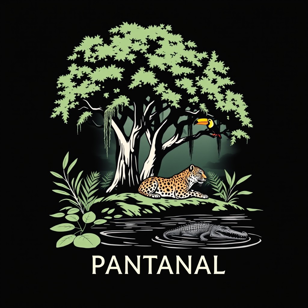 A contemporary black t-shirt design showcasing the Pantanal biome