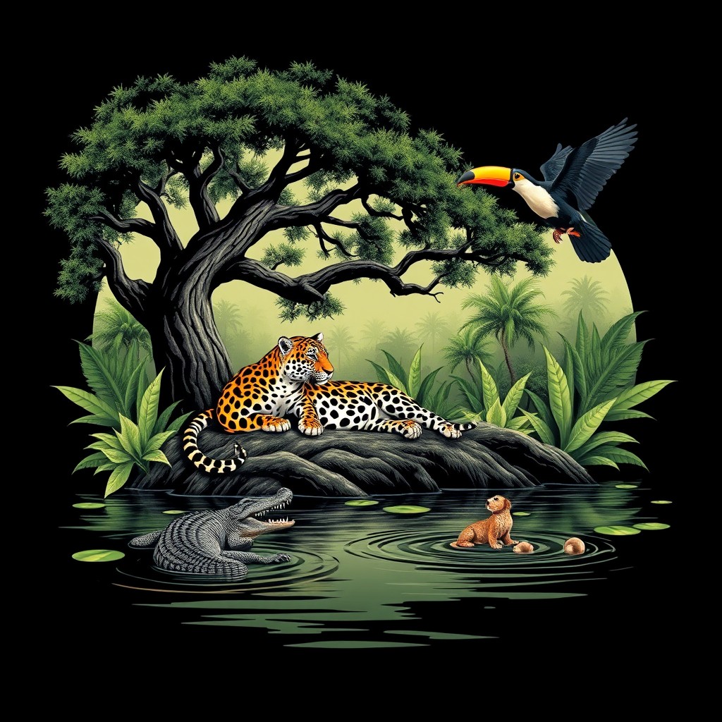 An elegant black t-shirt design showcasing the Pantanal biome theme