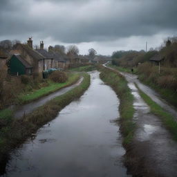 A dark, winding road with a few houses only on the left side, slightly littered. Beside the road, a grimy canal flows ominously, increasing the bleakness of the environment.