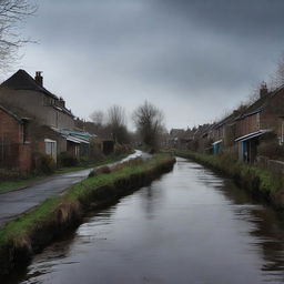 A dark, winding road with a few houses only on the left side, slightly littered. Beside the road, a grimy canal flows ominously, increasing the bleakness of the environment.