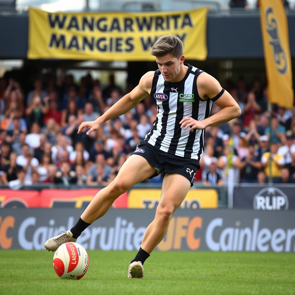 A dynamic and engaging image of Jackson Hewitt, a player from the Wangaratta Magpies, in an action-packed football scene