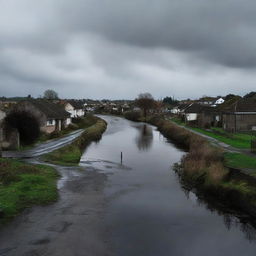 A dark, winding road with a few houses only on the left side, slightly littered. Beside the road, a grimy canal flows ominously, increasing the bleakness of the environment.