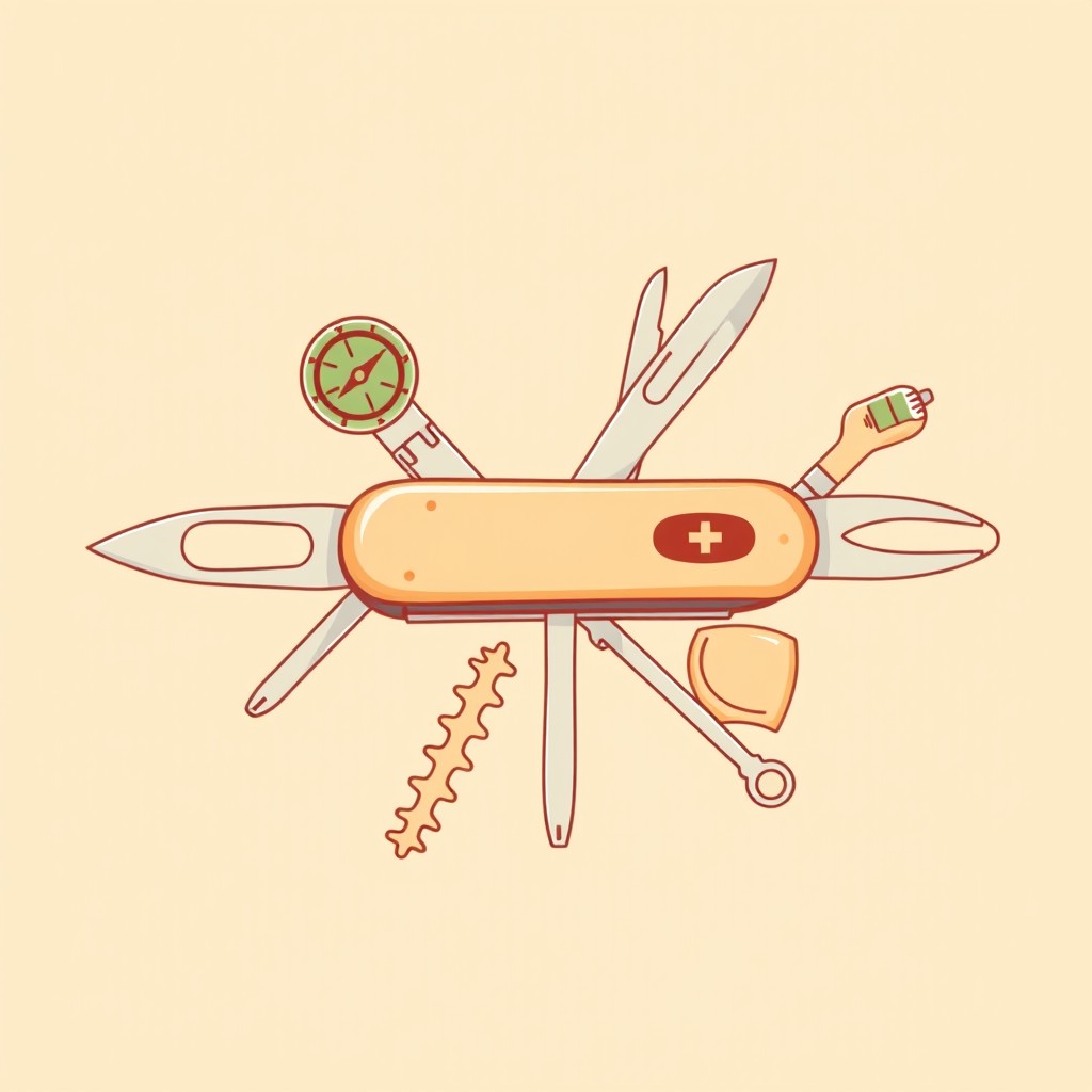 A beautifully illustrated Swiss Army knife with six distinct tools extended, showcasing a compass, a magnifying glass, a book, a lightbulb, a shield, and a folder