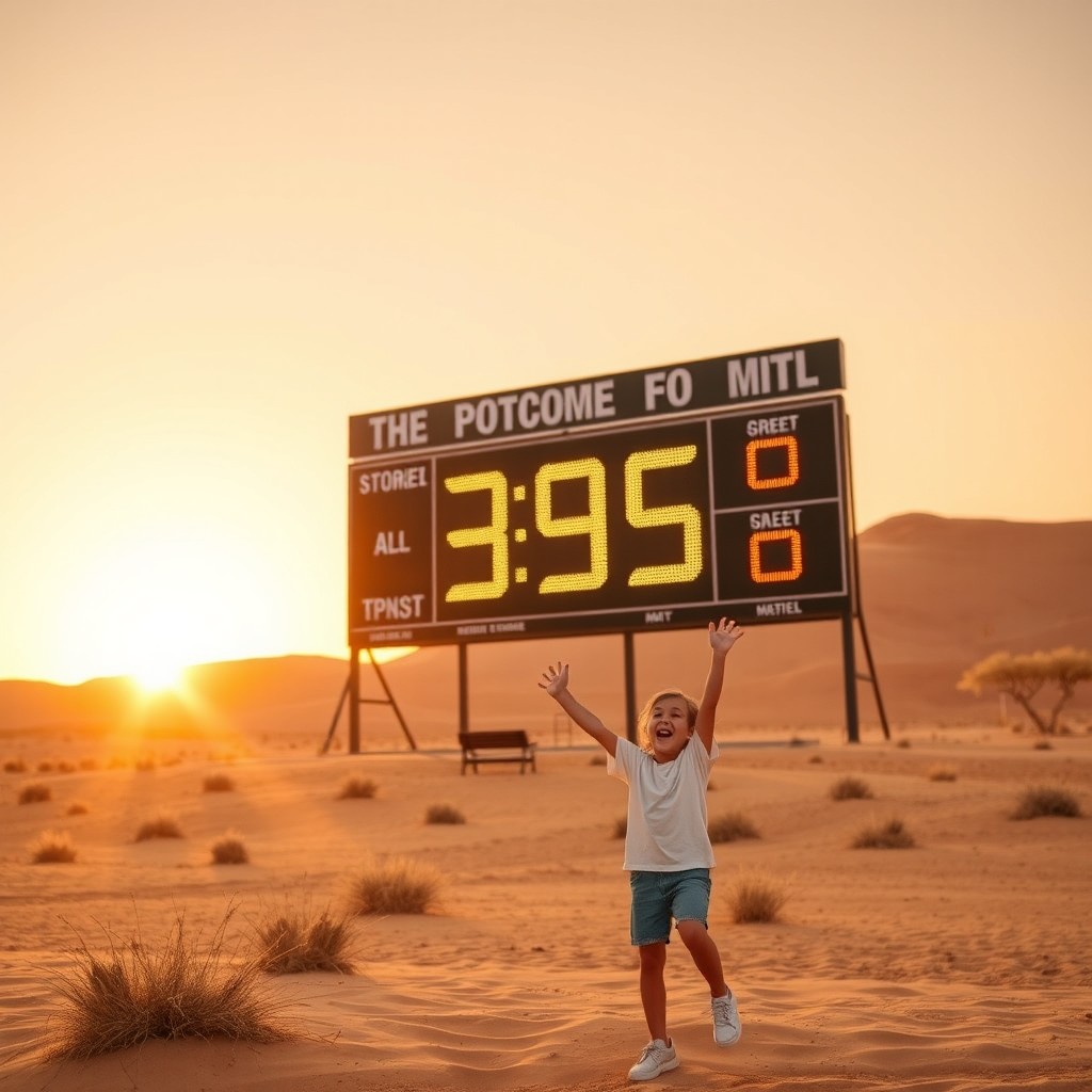 A large football scoreboard set in a picturesque desert landscape during sunset