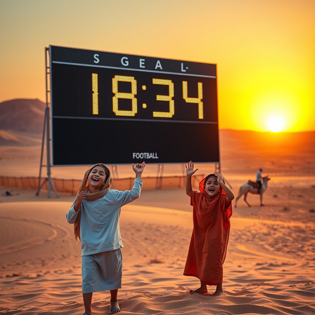 A large football scoreboard set in a picturesque desert landscape during sunset