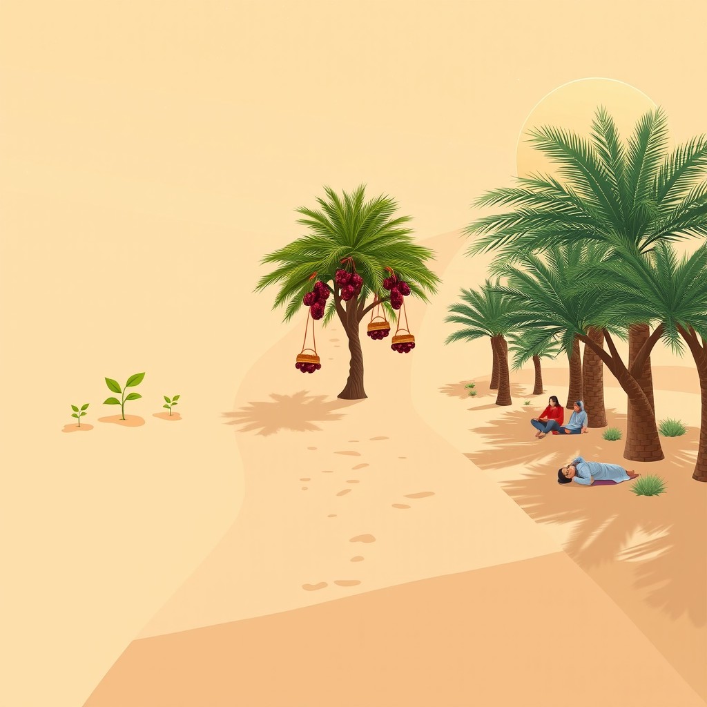 A serene desert path illustrated in three stages: the first stage features small seedlings sprouting in sandy soil, symbolizing hope and new beginnings (2025); the second stage showcases medium fruit trees laden with baskets of dates, representing growth and abundance; and the third stage reveals a lush palm grove oasis where individuals are resting comfortably under the shade