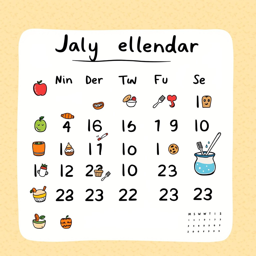 A playful calendar page illustrated in a whimsical doodle style