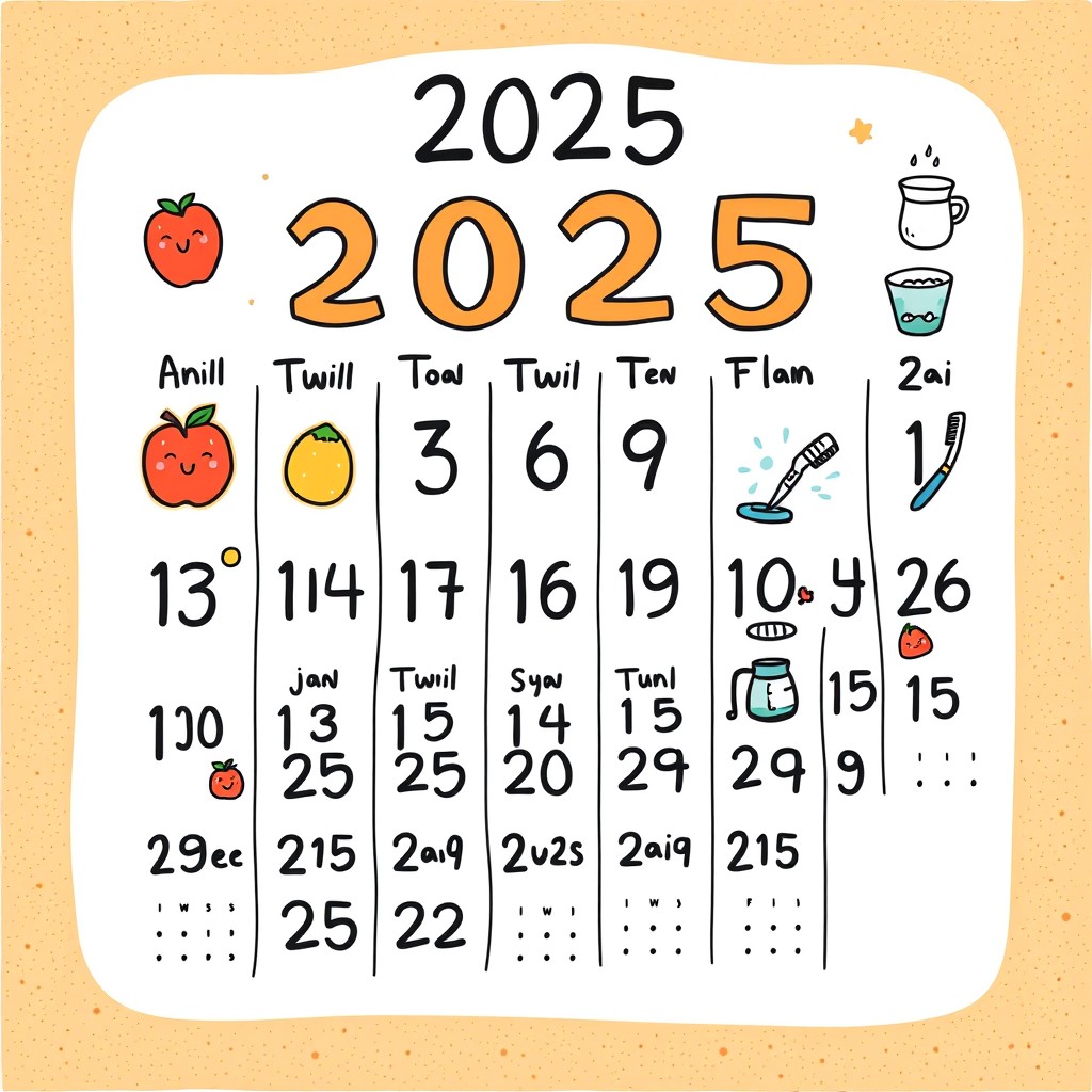 A playful calendar page illustrated in a whimsical doodle style for the year 2025