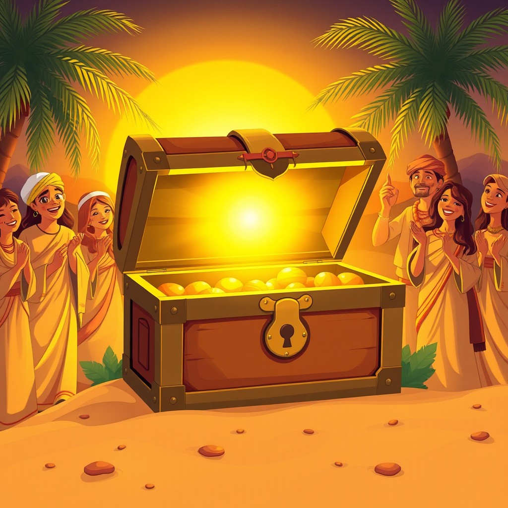 A beautifully illustrated treasure chest rendered in warm desert colors, slightly open to reveal a captivating glowing light emanating from within