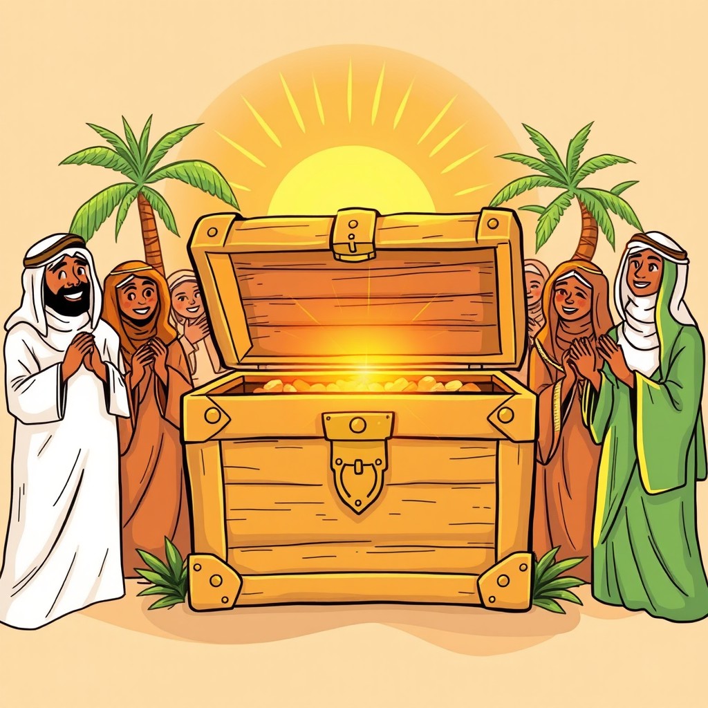 A treasure chest illustrated in a professional doodly style, rendered in warm desert colors, slightly open to reveal a captivating glowing light inside