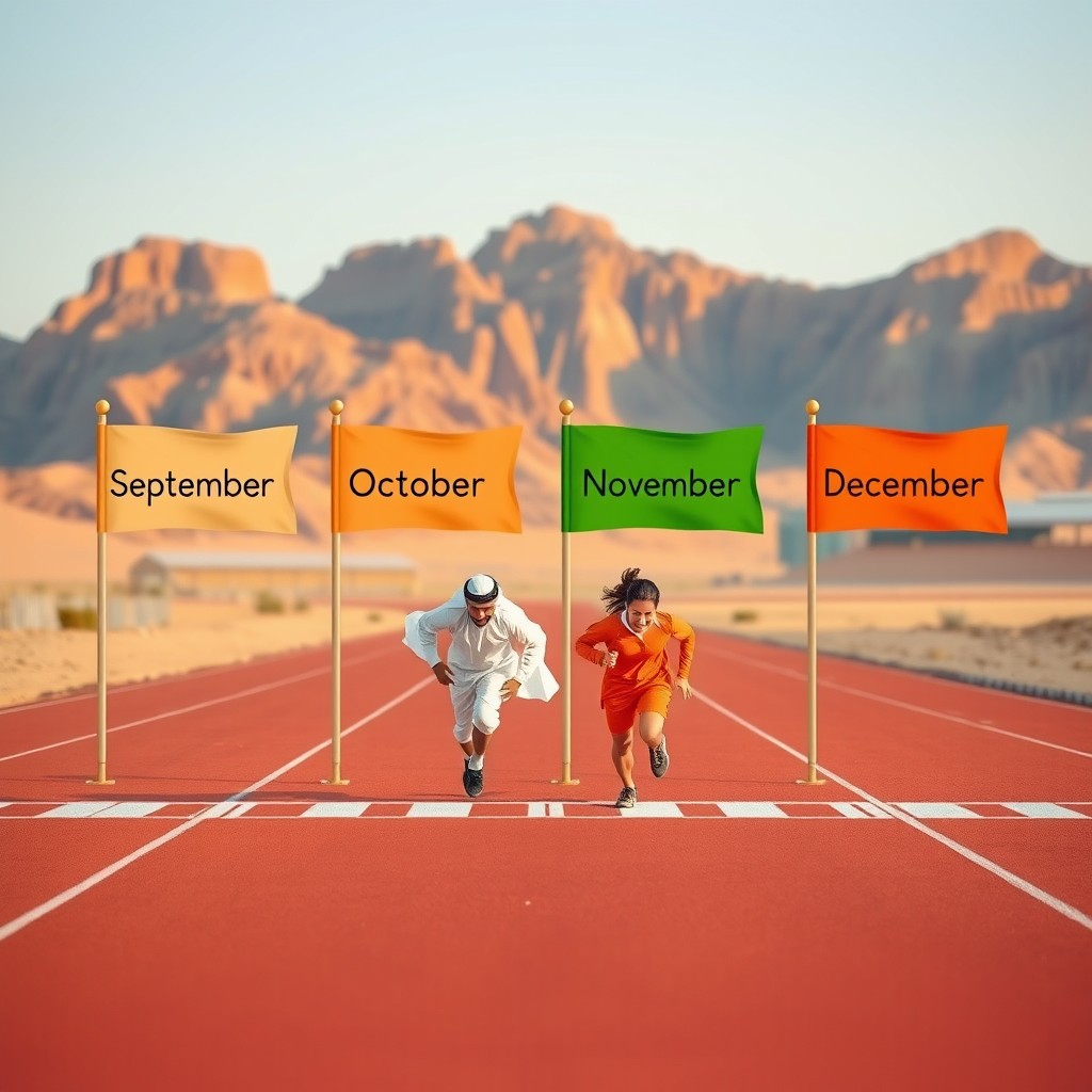 A vibrant desert racetrack scene featuring four milestone flags representing September, October, November, and December, drawn as simple colored banners in sand beige, palm green, terracotta, and orange