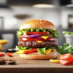 A realistic, high-level detail, 8K image of a mouth-watering burger with layers of fresh ingredients.