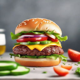 A realistic, high-level detail, 8K image of a mouth-watering burger with layers of fresh ingredients.