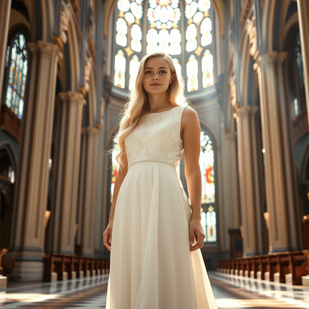 A beautiful 25-year-old Catholic woman with long blonde hair, standing elegantly in a stunning mega church