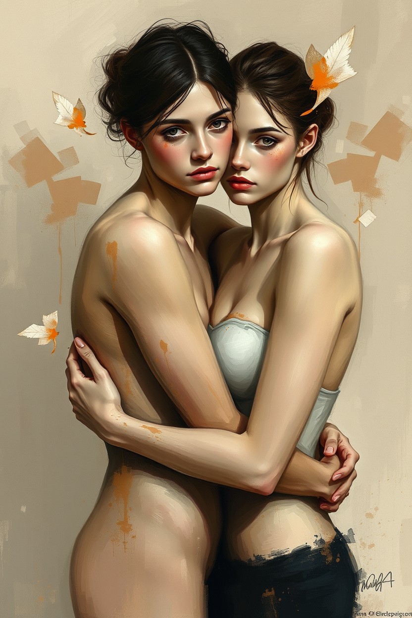 A portrait of two intertwined figures, depicted in a painterly style with visible brushstrokes