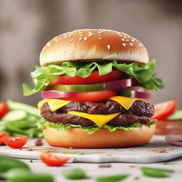 A realistic, high-level detail, 8K image of a mouth-watering burger with layers of fresh ingredients.