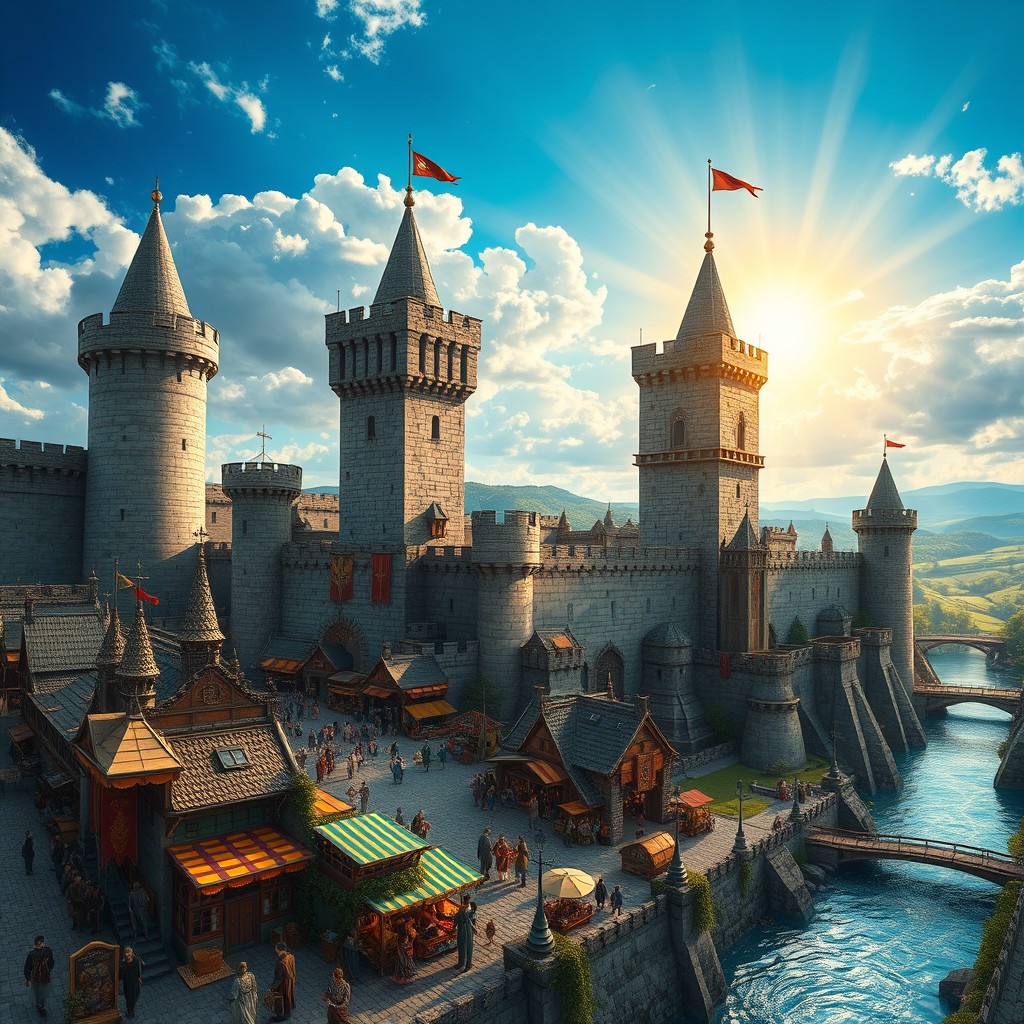 A grand medieval city, the bustling capital of an empire, showcasing towering stone castles with intricate architecture, surrounded by high city walls