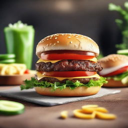 A realistic, high-level detail, 8K image of a mouth-watering burger with layers of fresh ingredients.