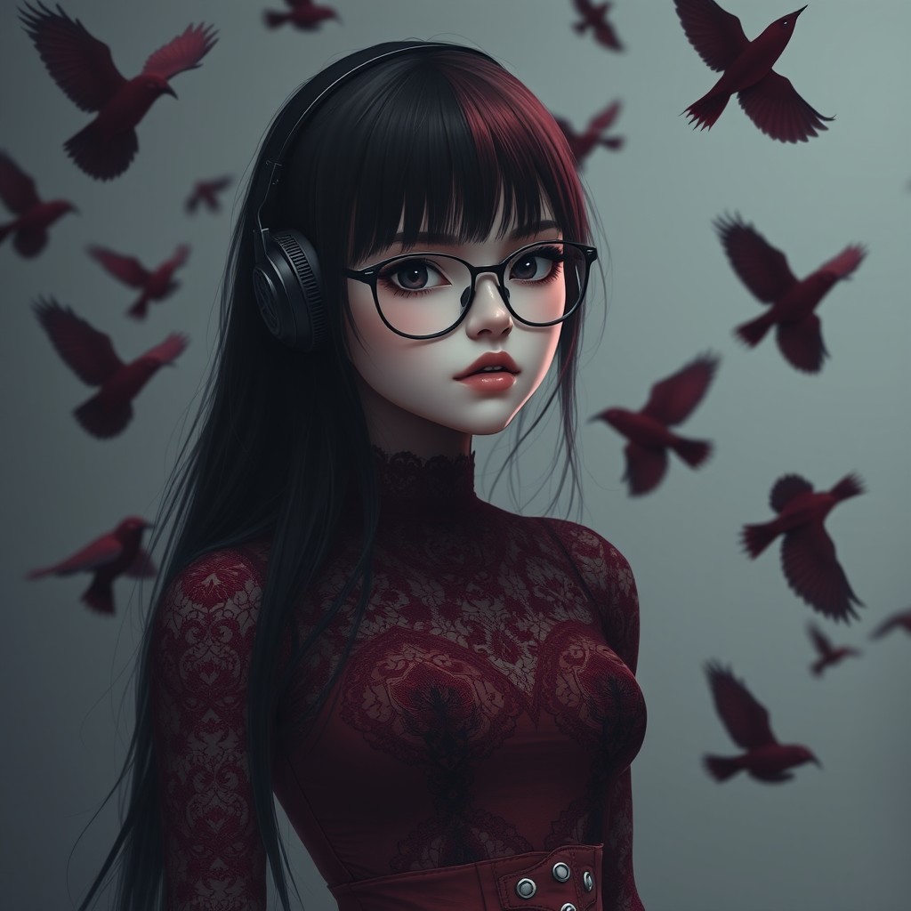 A somber young woman with a delicate face, wearing glasses, and long hair split in half with black on one side and dark ruby on the other