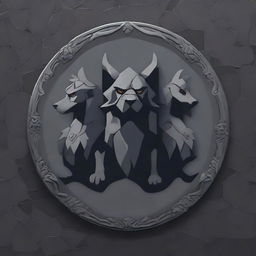 Dark grey stone background with a central emblem of the three-headed mythical dog, Cerberus. The emblem design should be in the style of the House Targaryen emblem from Game of Thrones.