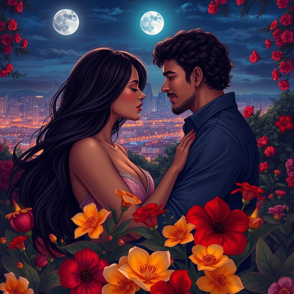 A vibrant, romantic scene depicting a passionate love story, featuring two lovers embracing under the moonlight